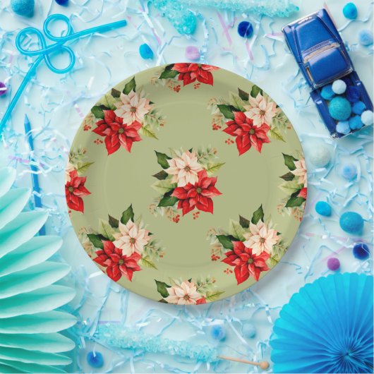 Kerst Witte en Rode Poinsettia Elegante Bloemen Papieren Bordje (Feest)