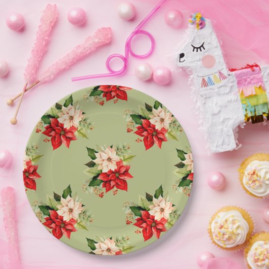 Kerst Witte en Rode Poinsettia Elegante Bloemen Papieren Bordje (Feest)