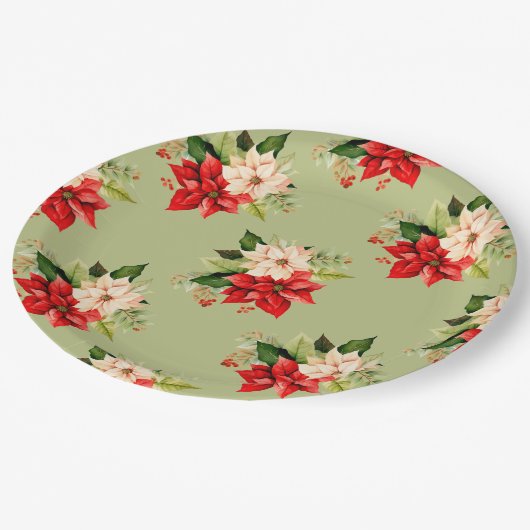 Kerst Witte en Rode Poinsettia Elegante Bloemen Papieren Bordje (Gekanteld)