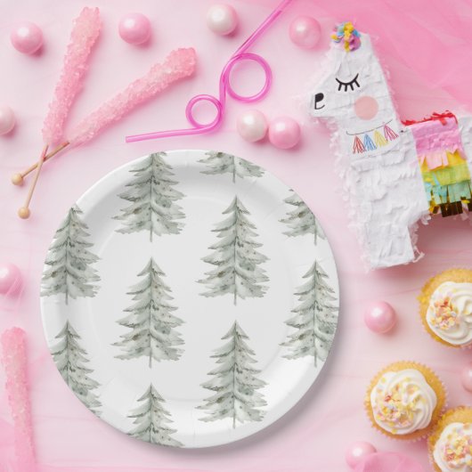 Kerst Witte Groene Bomen Papieren Bordje (Feest)