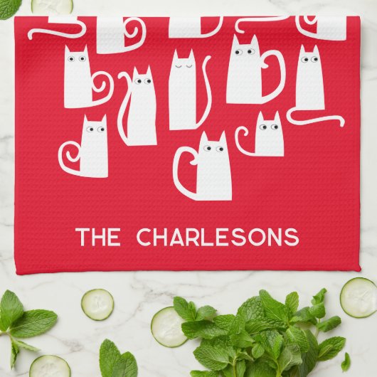 Kerst Witte Katten Gepersonaliseerde Naam Theedoek (Gevouwen)