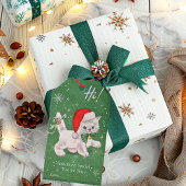 Kerst Witte Kitten Groene Strik Gouden Bellen Cadeaulabel