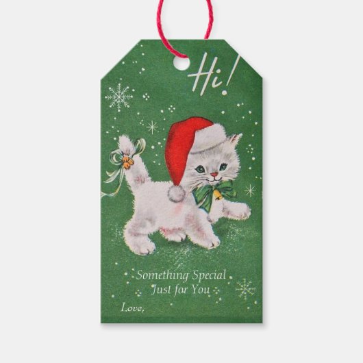 Kerst Witte Kitten Groene Strik Gouden Bellen Cadeaulabel (Voorkant)