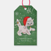 Kerst Witte Kitten Groene Strik Gouden Bellen Cadeaulabel (Achterkant)