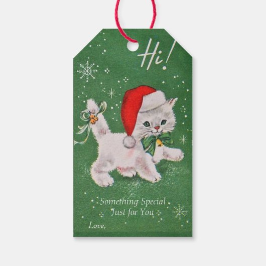 Kerst Witte Kitten Groene Strik Gouden Bellen Cadeaulabel (Achterkant)