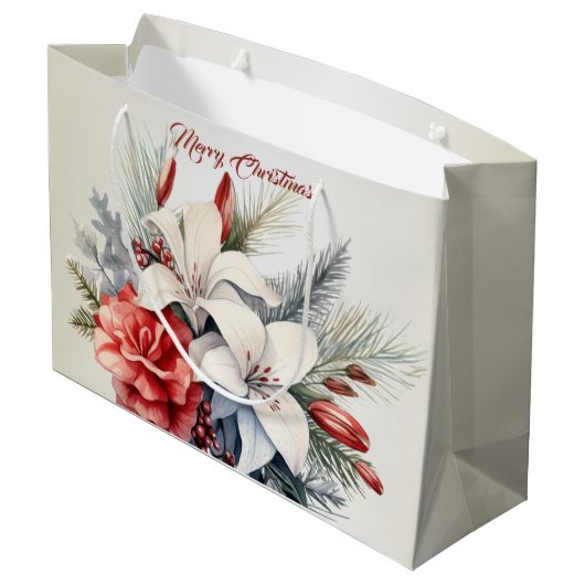Kerst Witte Rode Bloemen Feestdagen Elegant Groot Cadeauzakje (Achterkant Gekanteld)