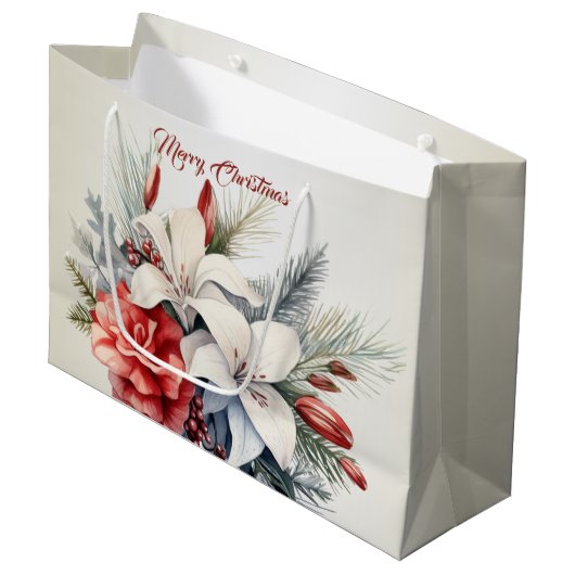 Kerst Witte Rode Bloemen Feestdagen Elegant Groot Cadeauzakje (Voorkant Gekanteld)