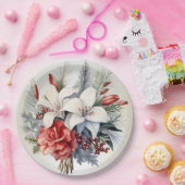 Kerst Witte Rode Bloemen Feestdagen Elegant Papieren Bordje (Feest)