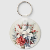 Kerst Witte Rode Bloemen Feestdagen Elegant Sleutelhanger (Voorkant)