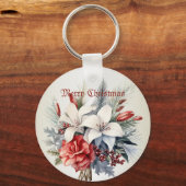 Kerst Witte Rode Bloemen Feestdagen Elegant Sleutelhanger (Voorkant)