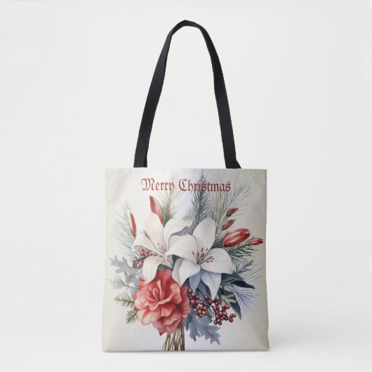 Kerst Witte Rode Bloemen Feestdagen Elegant Tote Bag (Voorkant)