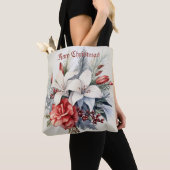 Kerst Witte Rode Bloemen Feestdagen Elegant Tote Bag (Dichtbij)