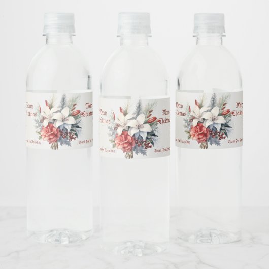 Kerst Witte Rode Bloemen Feestdagen Elegant Waterfles Etiket (Flessen)