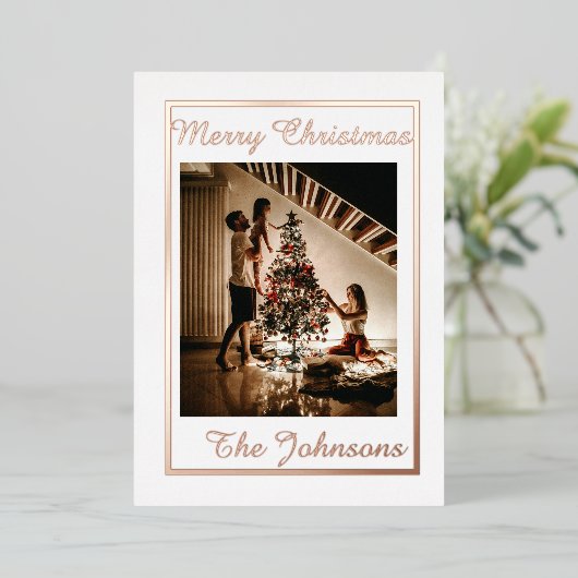 Kerst Witte Roos Goud Eenvoudige Moderne Foto Folie Feestdagenkaart (Staand Voorkant)