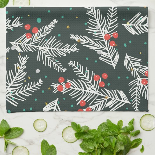 Kerst witte spar takken en maretak theedoek (Gevouwen)