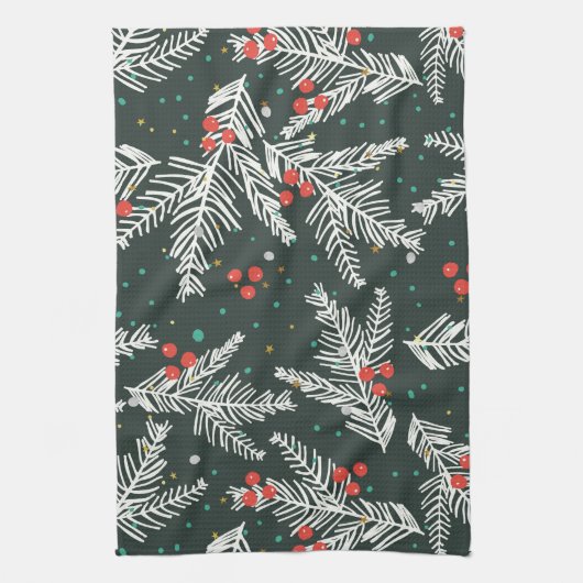 Kerst witte spar takken en maretak theedoek (Verticaal)