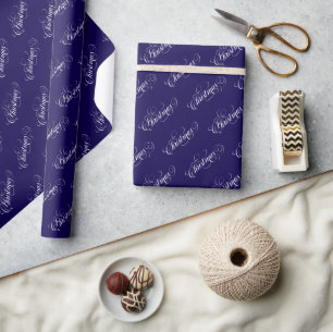 Kerst Witte Typografie Patroon Blauw Cadeaupapier