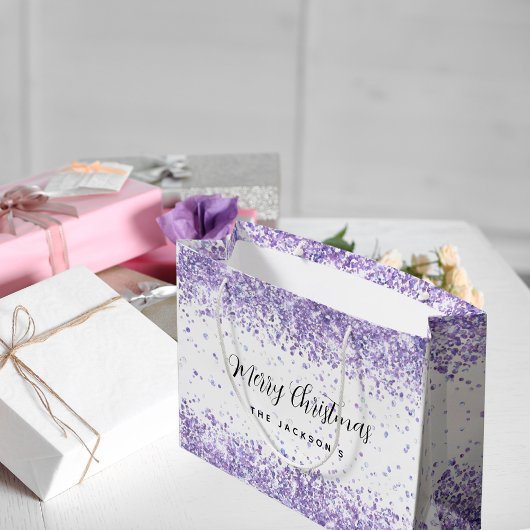 Kerst witte violette glitters naam groot cadeauzakje