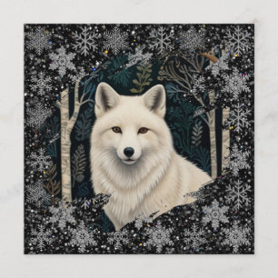 Kerst witte vos witte wolf glinsterende sneeuwvlok kaart
