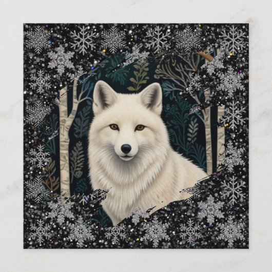 Kerst witte vos witte wolf glinsterende sneeuwvlok kaart (Voorkant)