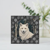 Kerst witte vos witte wolf glinsterende sneeuwvlok kaart (Staand voorkant)