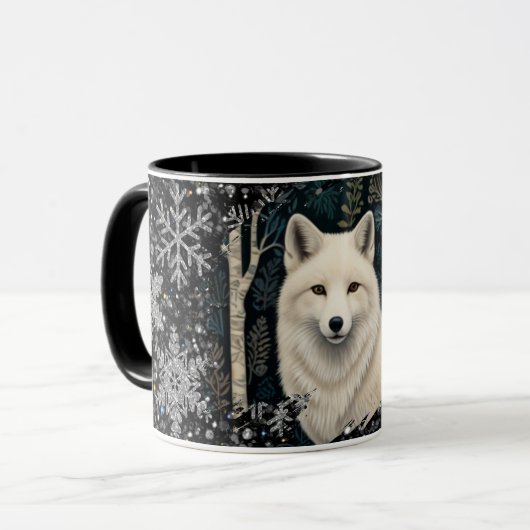Kerst witte vos witte wolf glinsterende sneeuwvlok mok (Voorkant links)