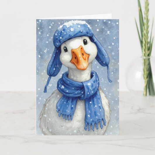 Kerst Witte Wintergans Met Blauwe Sjaal Kaart (Voorkant)