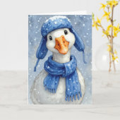 Kerst Witte Wintergans Met Blauwe Sjaal Kaart (Gele Bloem)