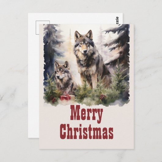 Kerst Wolf Waterverf Briefkaart (Voorkant / Achterkant)