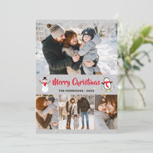 Kerst Wonderland Sneeuwman Pinguïn 4 Foto Feestdagenkaart (Staand voorkant)