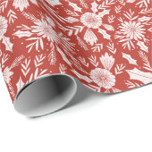 Kerst Woodcut Botanical Red en White Cadeaupapier (Rol Hoek)
