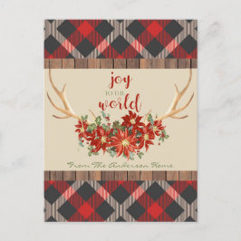 Kerst Woodland Antlers Red Plaid Feestdagenkaart