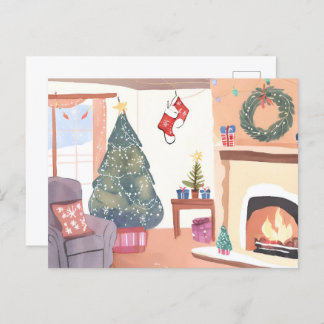 Kerst Woonkamer | Watercolor Kerst Feestdagenkaart