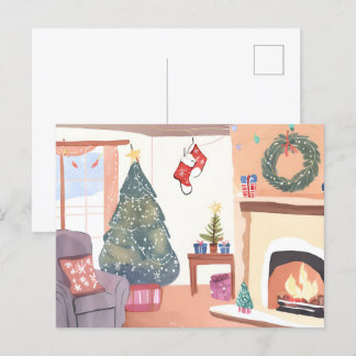 Kerst Woonkamer | Watercolor Vakantie Feestdagenkaart