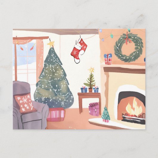 Kerst Woonkamer | Watercolor Vakantie Feestdagenkaart (Voorkant)