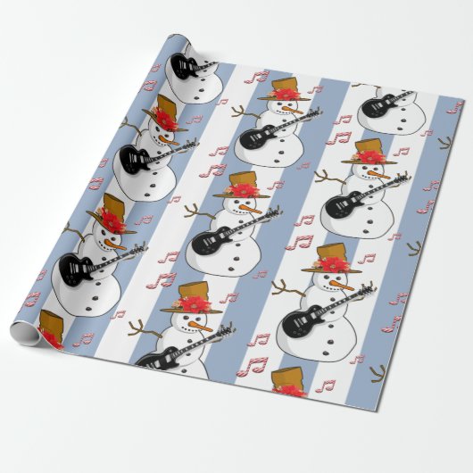 Kerst Wrapping Blue & White Stripe Snowman Cadeaupapier (Uitgerold)