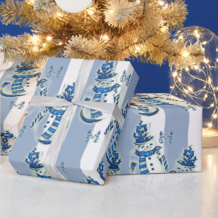 Kerst Wrapping Blue & White Stripe Snowman Cadeaupapier