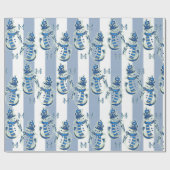 Kerst Wrapping Blue & White Stripe Snowman Cadeaupapier (Vlak)