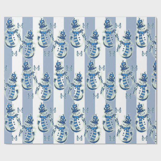 Kerst Wrapping Blue & White Stripe Snowman Cadeaupapier (Vlak)