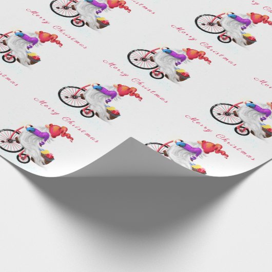 Kerst Wrapping Paper Gnome met fiets en cadeau Cadeaupapier (Hoek)