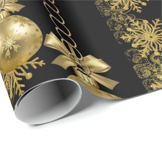 Kerst Wrapping Papier Gouden Ballen Zwart (Rol Hoek)