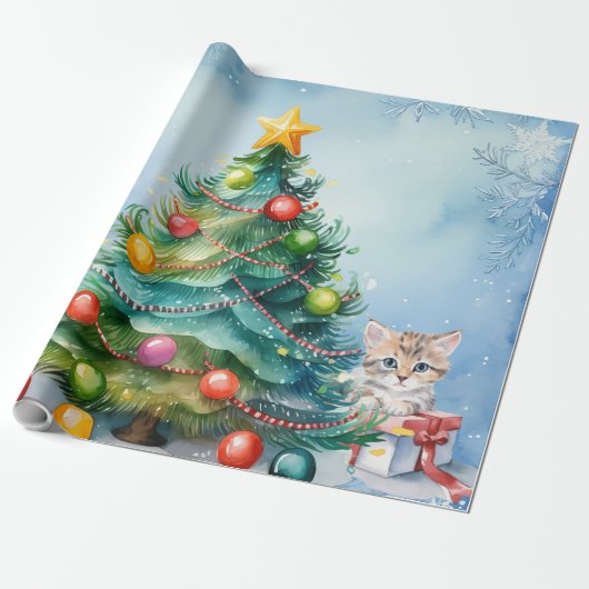 Kerst Wrapping Papier met katten spelen (Uitgerold)