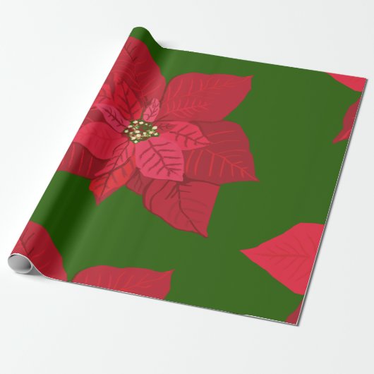 Kerst Wrapping Papier Rode bloemen (Uitgerold)