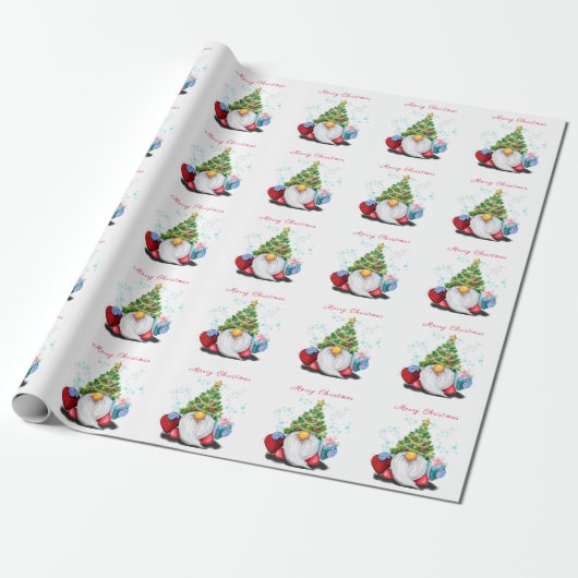 Kerst Wrapping Papier Schattige Gnome met Gift (Uitgerold)