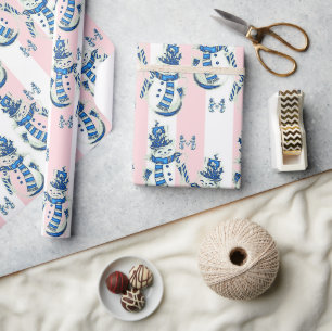 Kerst Wrapping Roze & Witte Streep Sneeuwman Cadeaupapier