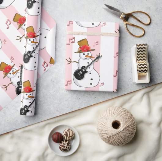Kerst Wrapping Roze & Witte Streep Sneeuwman Cadeaupapier (Crafts)