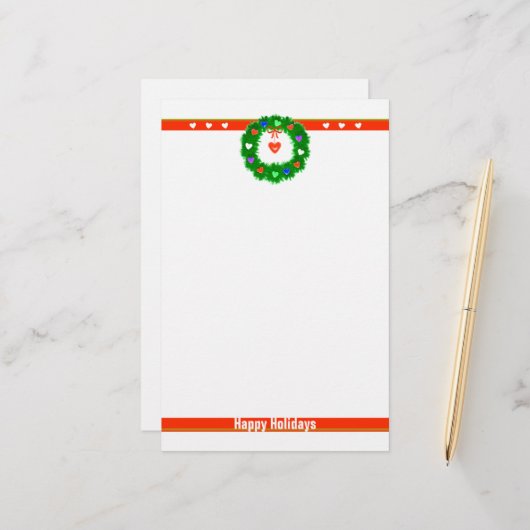 Kerst Wreath of Hearts Briefpapier (Voorkant / Achterkant in situ)