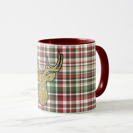 Kerst XMAS Plaid Tartan Gold Deer Coffee Mok (Voorkant rechts)