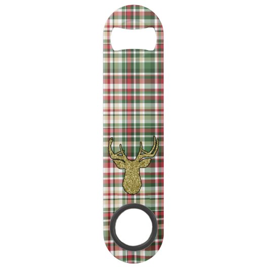 Kerst XMAS Plaid Tartan Goud Herten Fles Opene Speed Flessenopener (Voorkant)