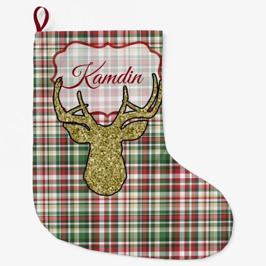 Kerst XMAS Plaid Tartan Goud Herten Kous Grote Kerstsok (Voorkant)